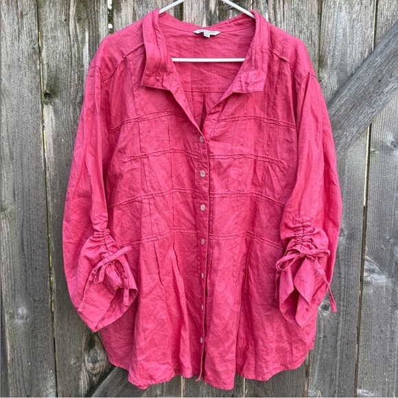 EUC John Mark Linen Ruched Sleeve
Button Front Wired Collar Top Deep Rose 3X - Picture 2 of 8